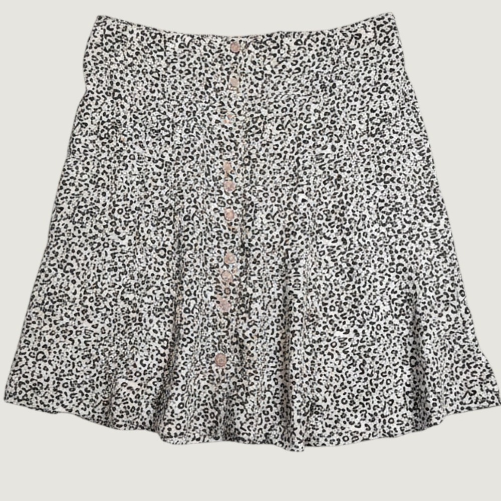 Japna Mini Skirt Womens M Cream Leopard Print Button Front A-Line Skirt Flare